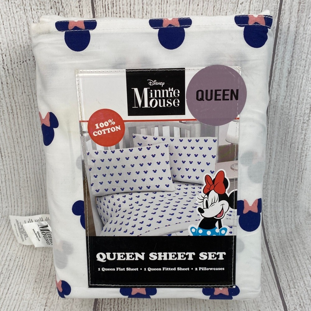 Disney Minnie Mouse Sheet Set Queen White Pink Blue 100% Cotton Classic Kidcore